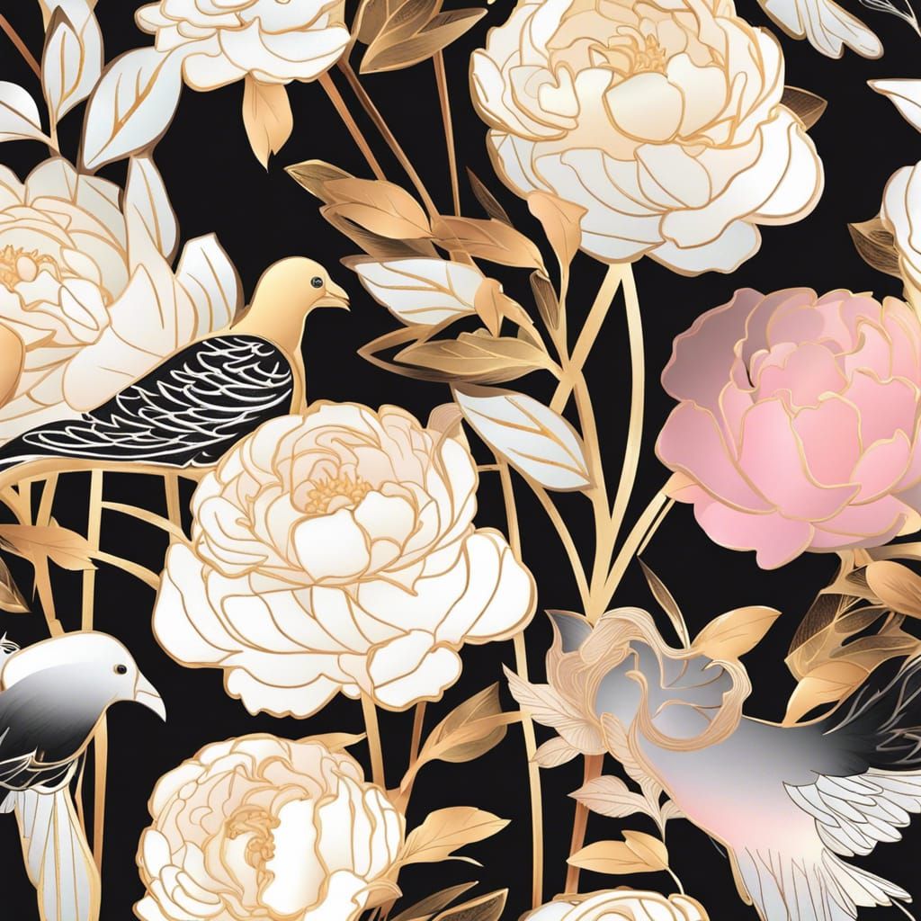 Pastel Paper Peonies with Doves in 3D Fractal