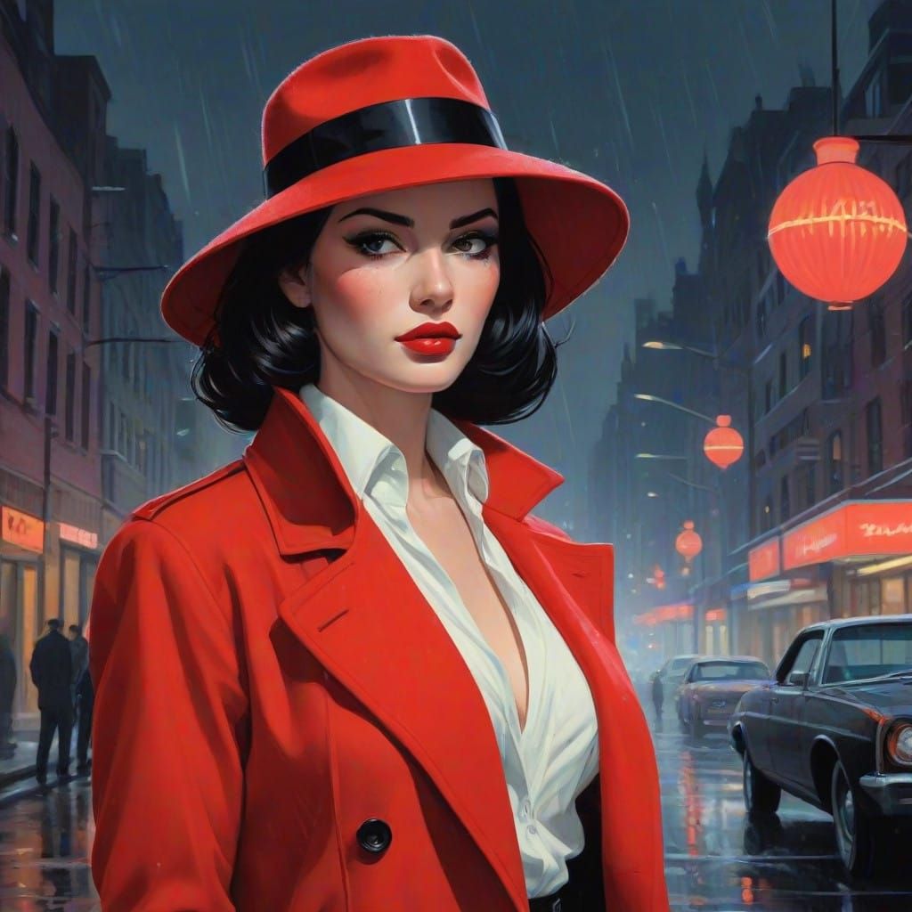 Christmas Noir with Femme Fatale in Crimson Coat
