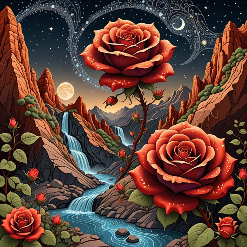 Rose-Shaped Canyon with Waterfalls Under Starry Sky