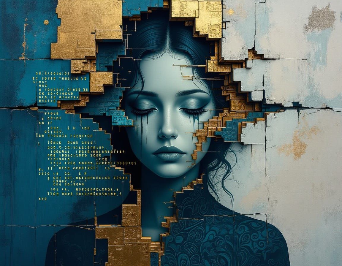 Surreal Female Figure Merging with Industrial Wall