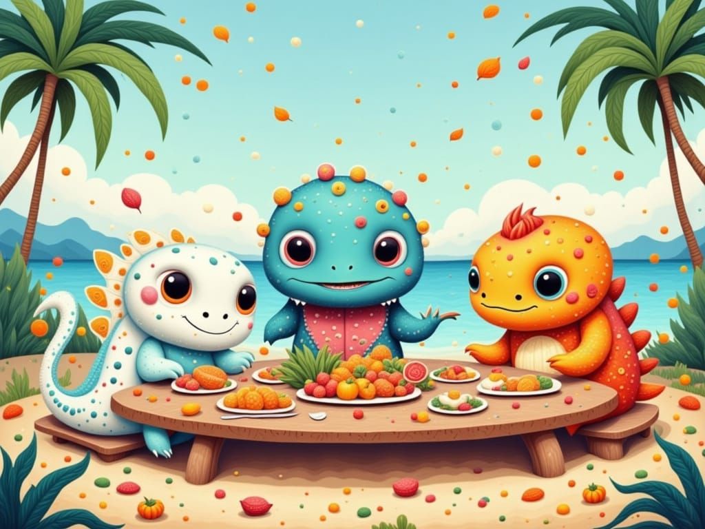 Cute Mythical Monsters Enjoy Thanksgiving Dinner on Beach