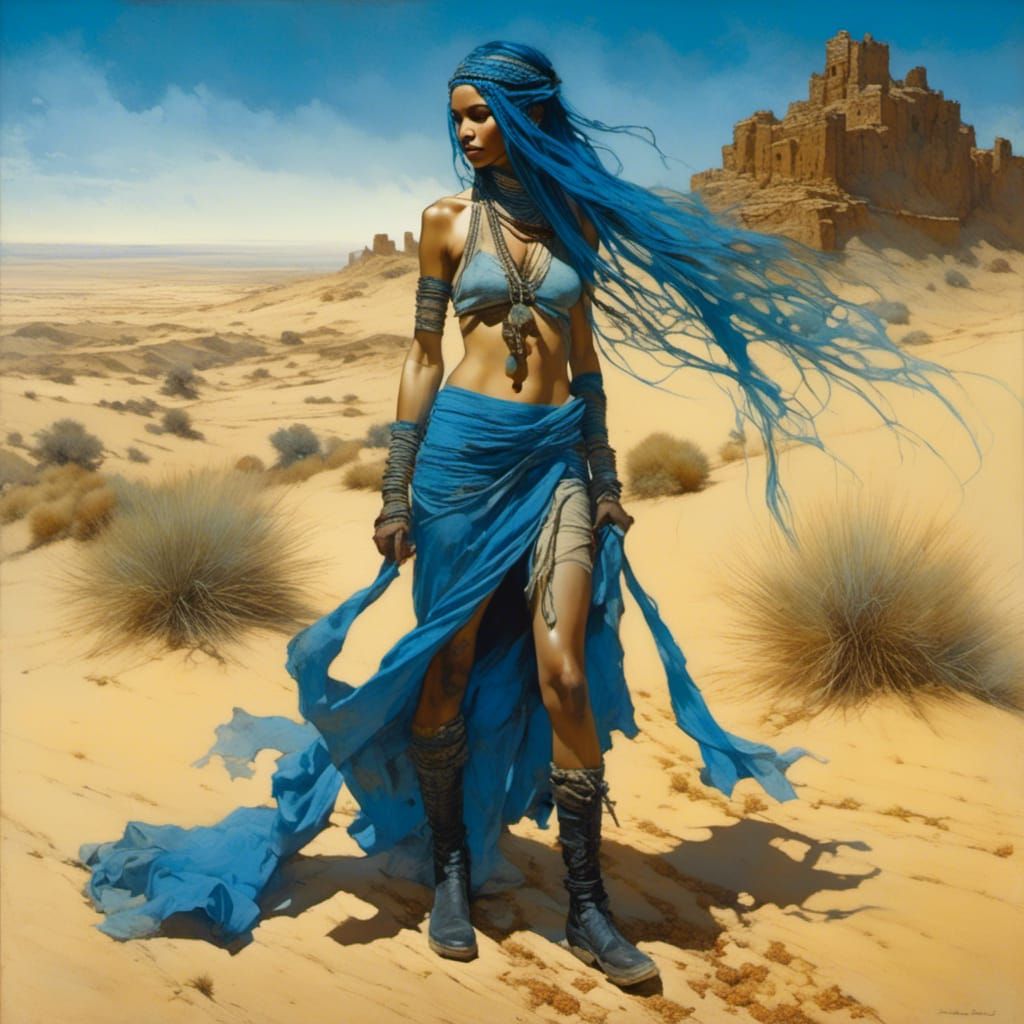 Blue Desert Woman in Detailed Digital Art Style