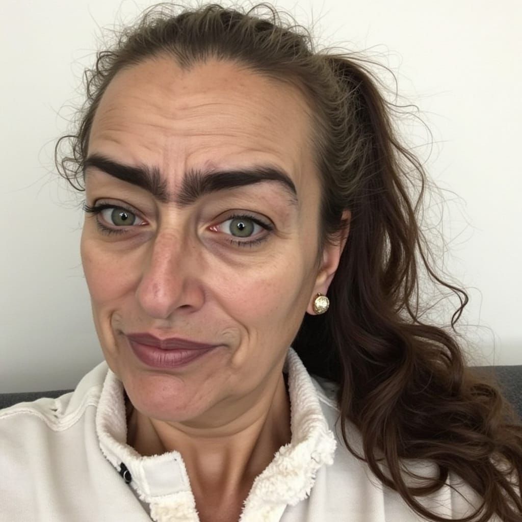 <lora:Wally:1.0> Wally met blond krulhaar, ((brede glimlach))<scheve zichtbare tanden>(dikke zwarte wenkbrauwen)