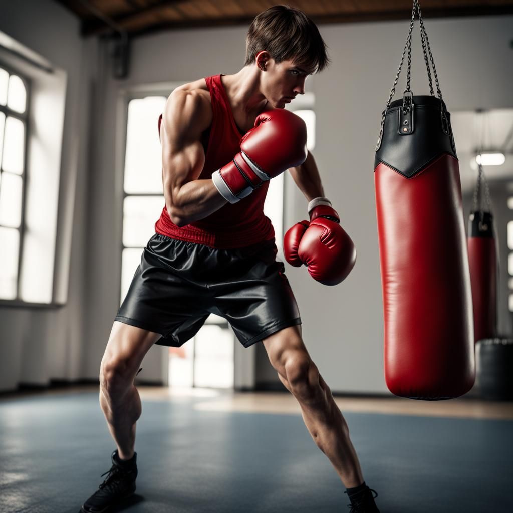 Realistic Action Shot of Boxer Punching Bag