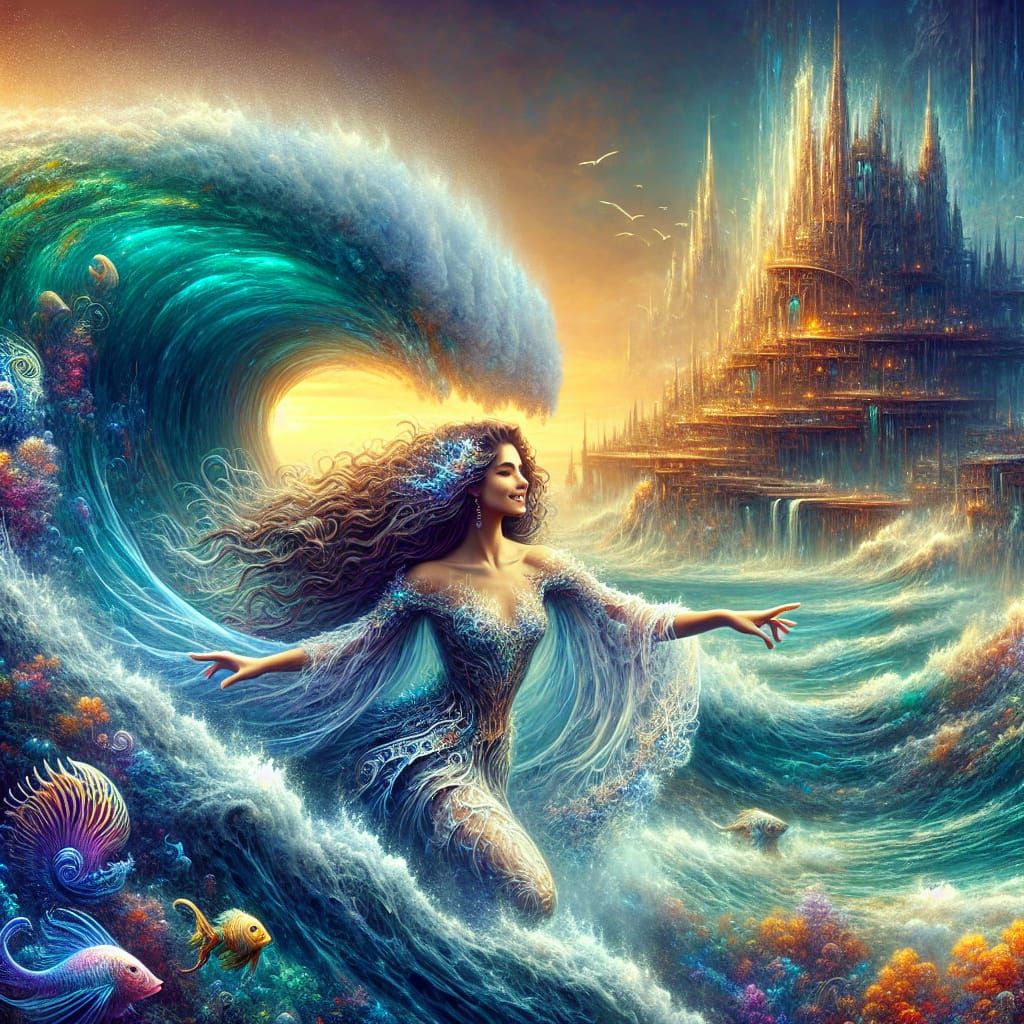 Underwater City with Surfing Woman: Digital Matte Painting