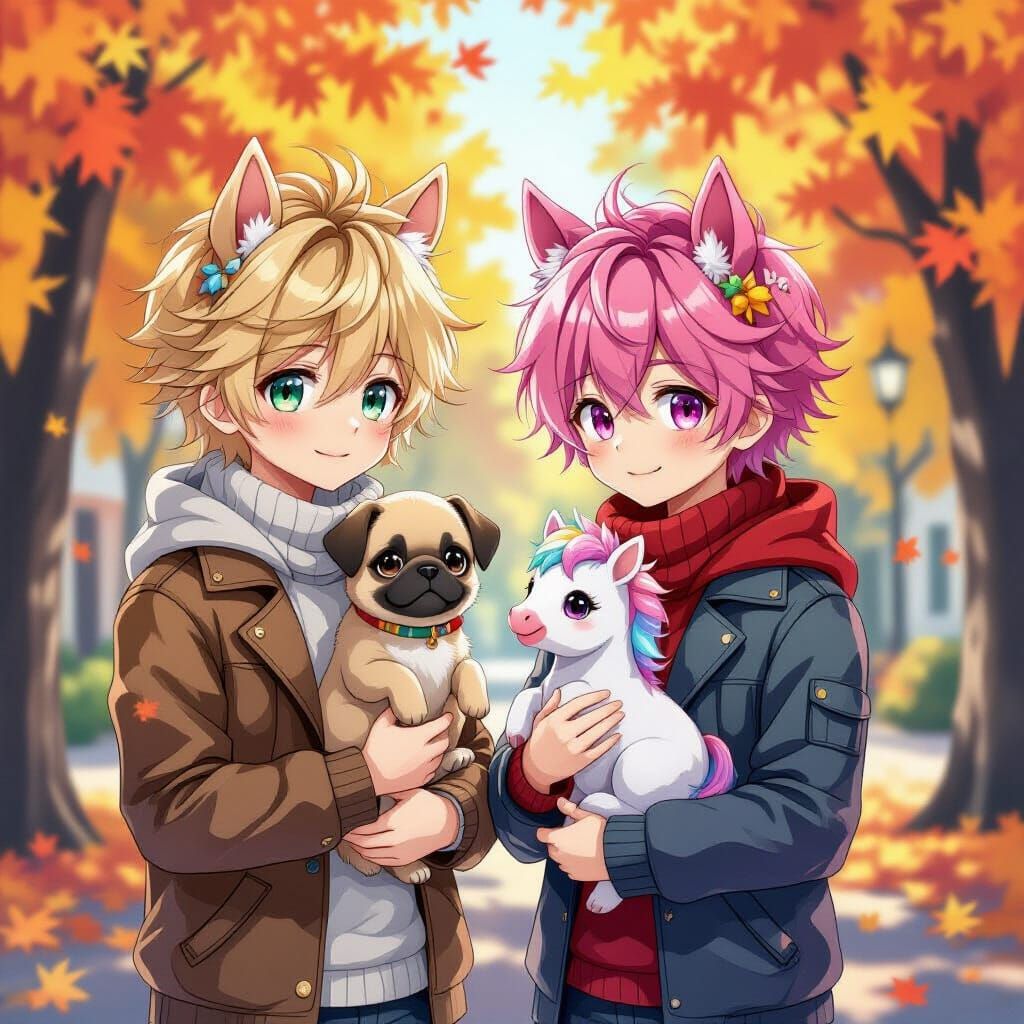 Anime Guys with Horse Ears and Pets in Autumn
