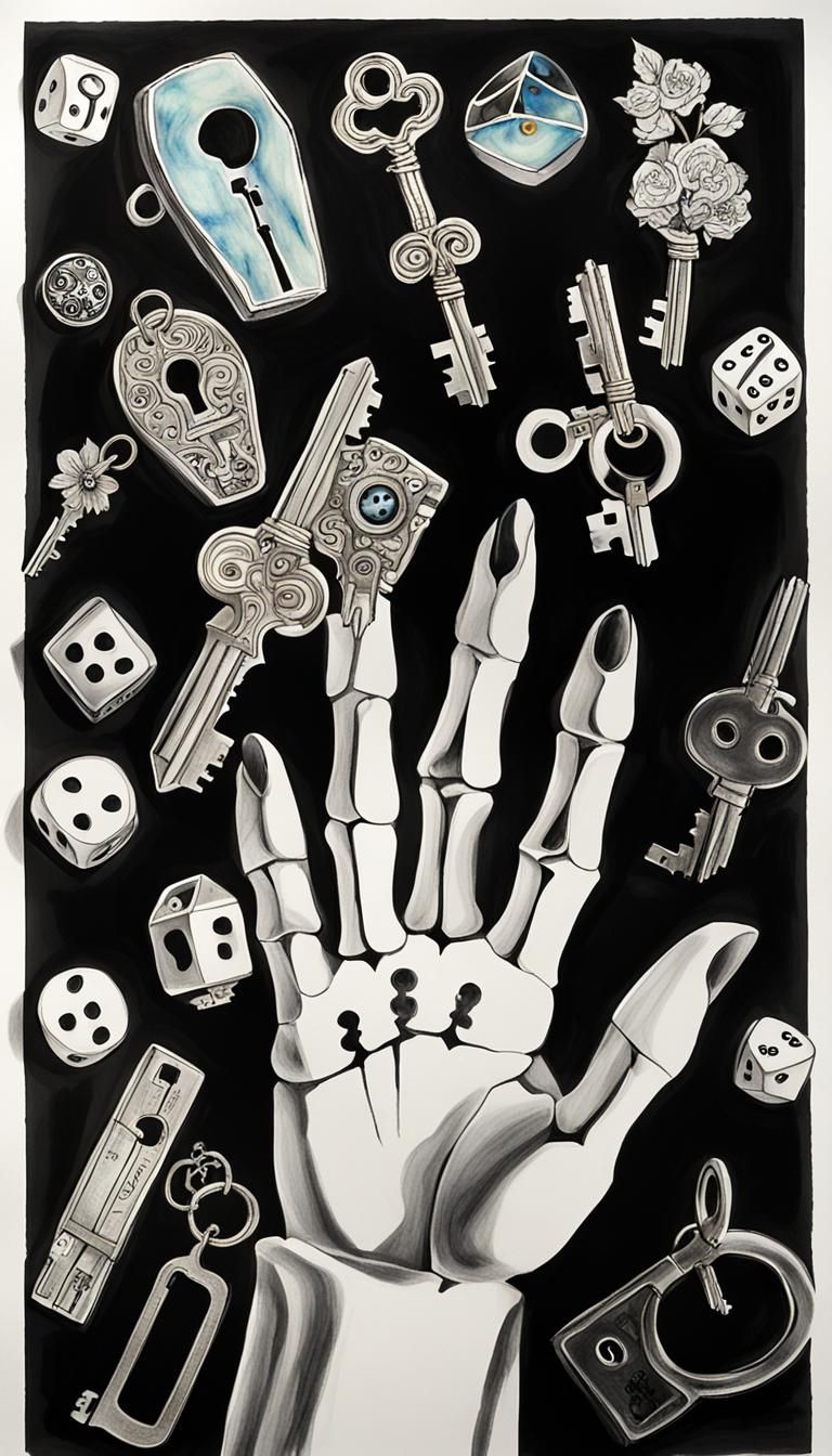 Surreal Crayon Drawing: Gothic Keys and Rainbow Fairy