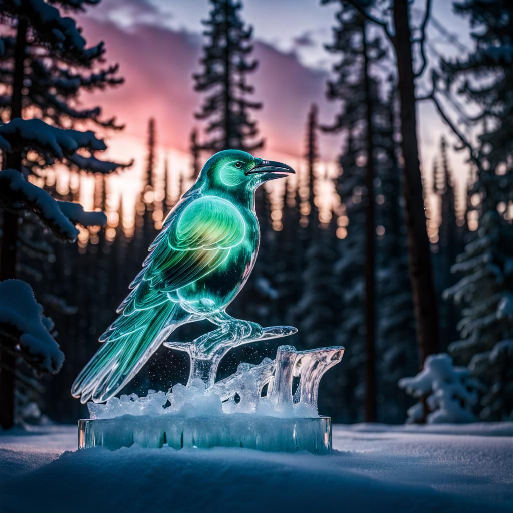 Glass Raven Ice Sculpture Under Aurora Borealis