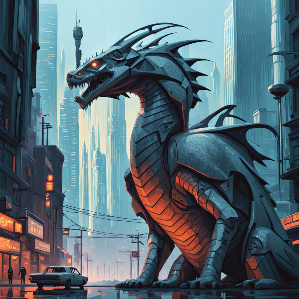 Mother Dragon Protects Young in Futuristic City Skyscraper
