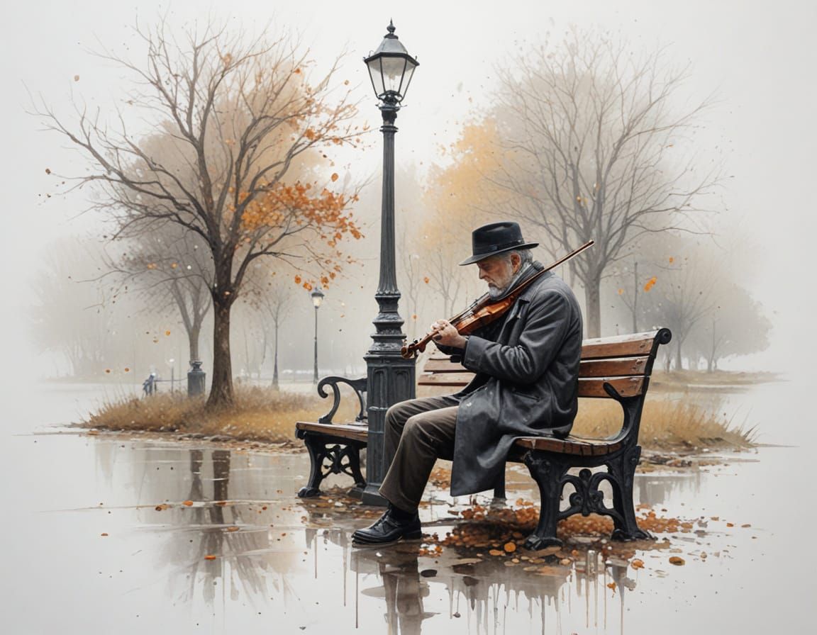 Man Plays Violin Under Streetlamp, Painterly Realism