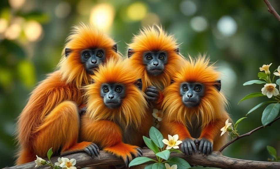 Young long furry golden lion tamarin primates