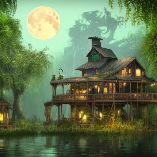Steampunk Swamp Cabin Under Moonlight: Detailed Matte Painti...