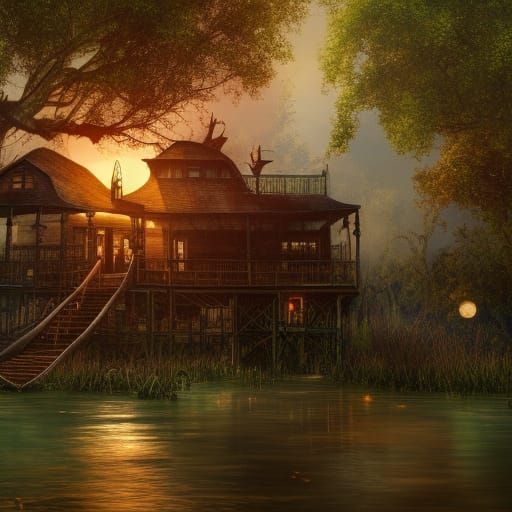 Lush Steampunk Swamp Cabin Under Moonlight