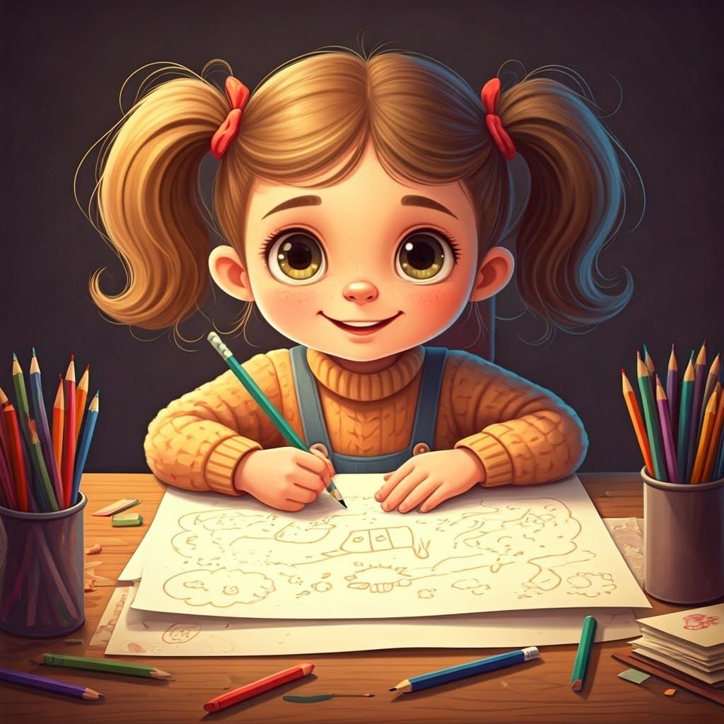 Girl's Whimsical Doodles in Children's Illustration Style