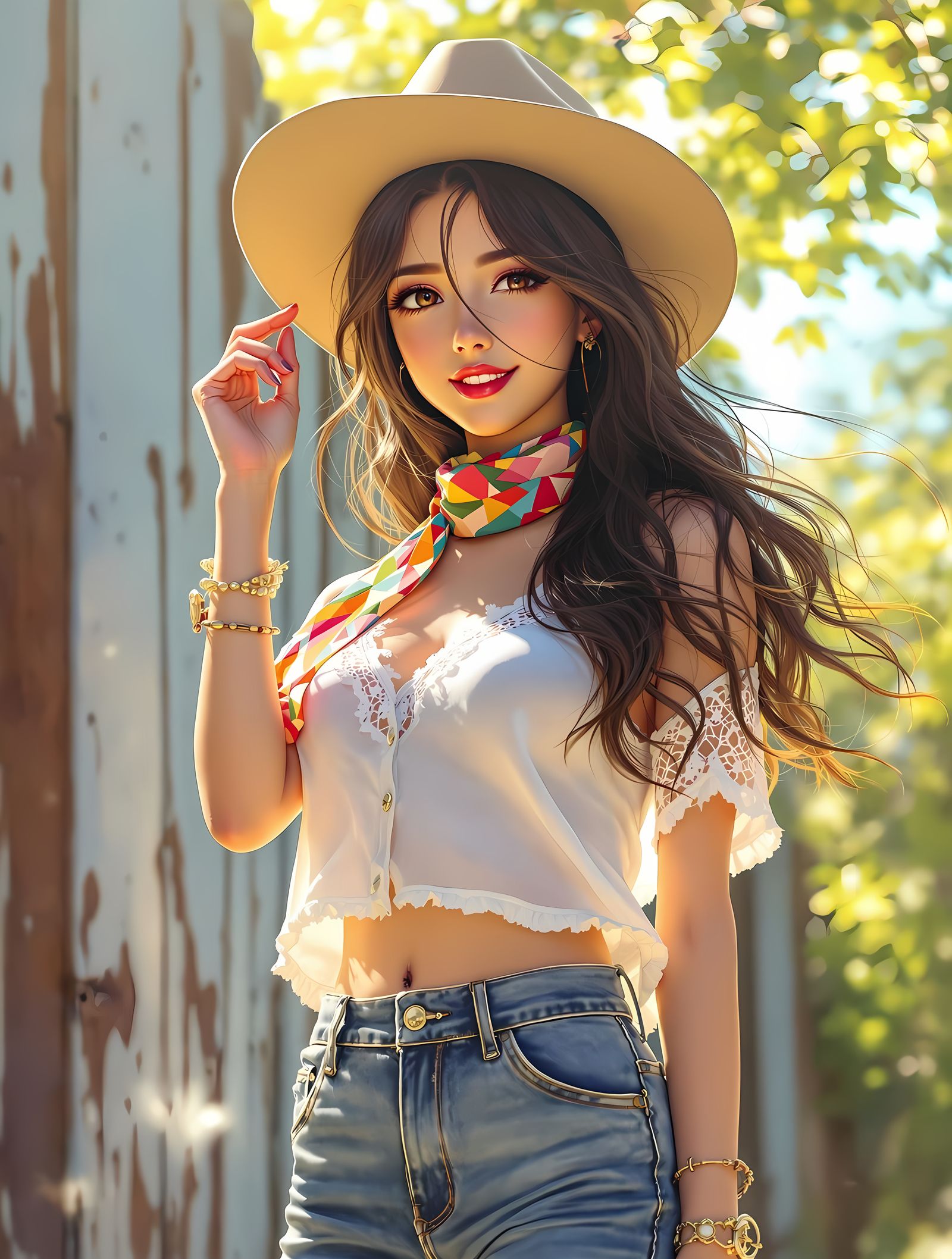 Anime-Inspired Young Woman in a Wide-Brimmed Cowboy Hat