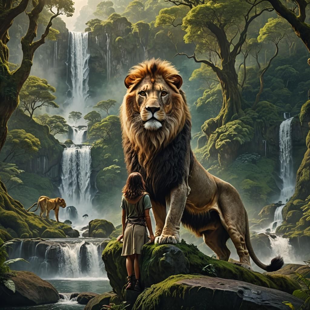 Lion, Woman, and Waterfall: Majestic Digital Painting