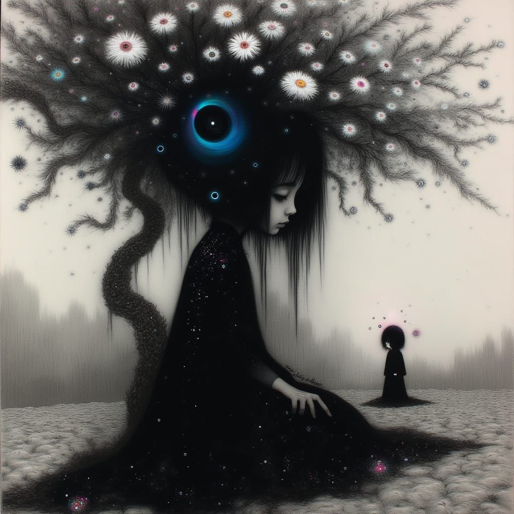 A Haunting Japanese Woman Amidst Dark Cherry Blossoms