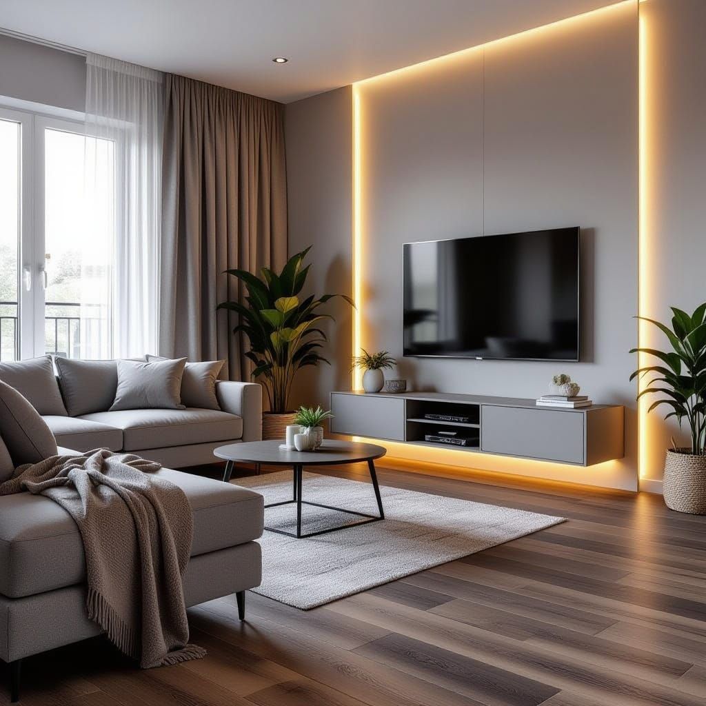 Cozy Living Room with Brown Ceramic Floor and Grey Decor