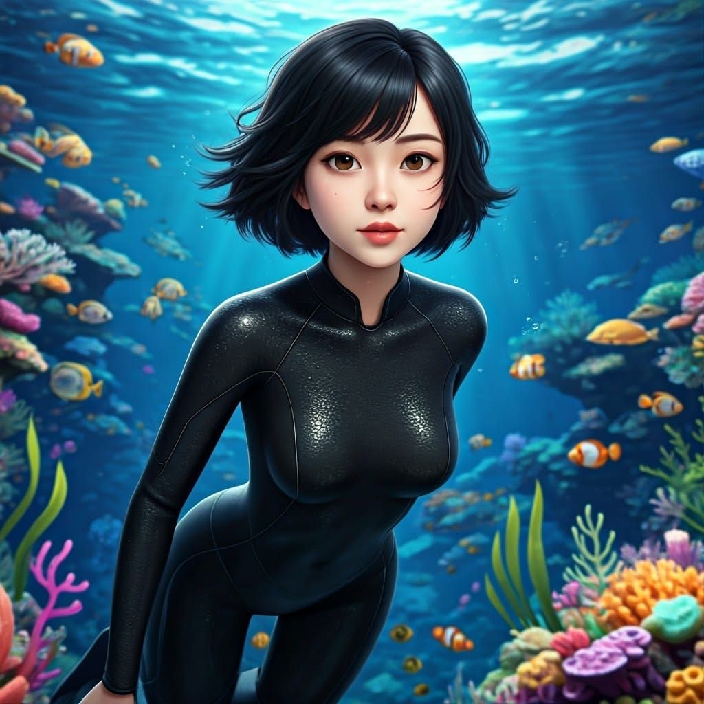 Southeast Asian Wetsuit Diver in Vibrant Underwater Scene