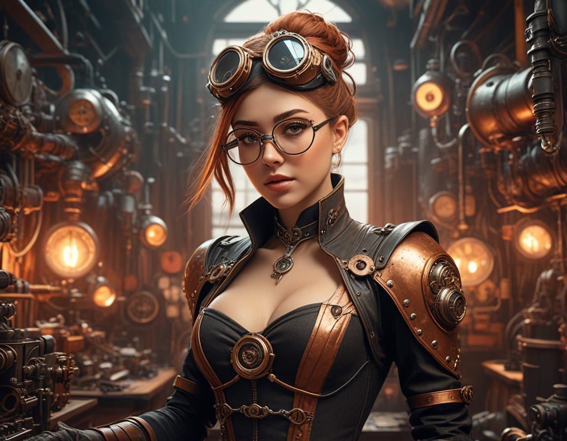 Steampunk Inventress in Whimsical Workshop