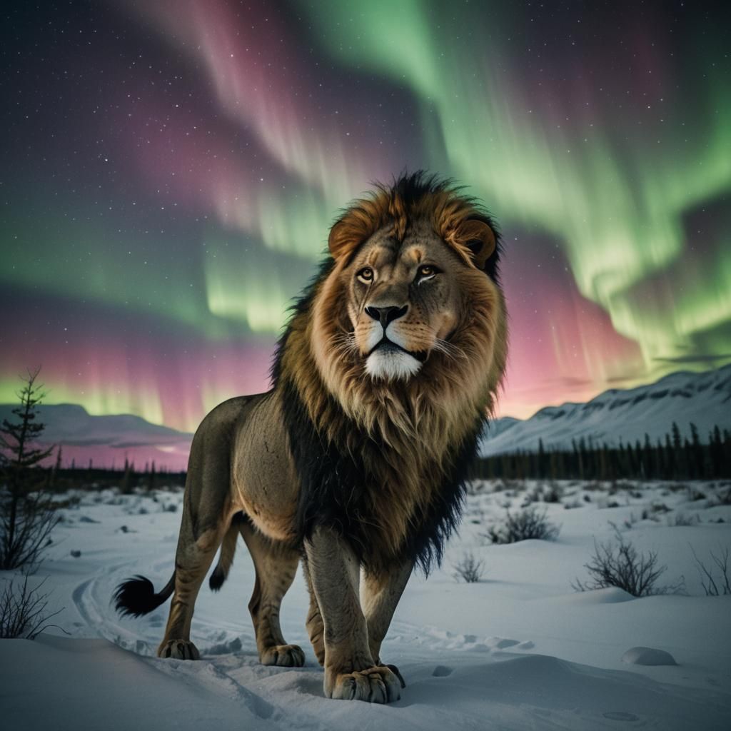 Lion in Northern Lights: Cinematic Film Still