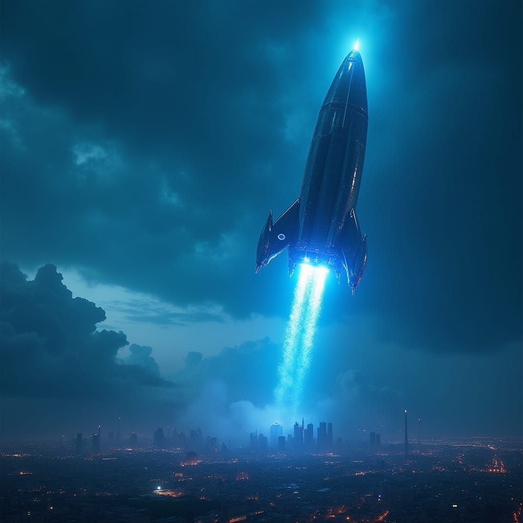 Ethereal Rocket Descends on Futuristic City in Cyberpunk Sty...