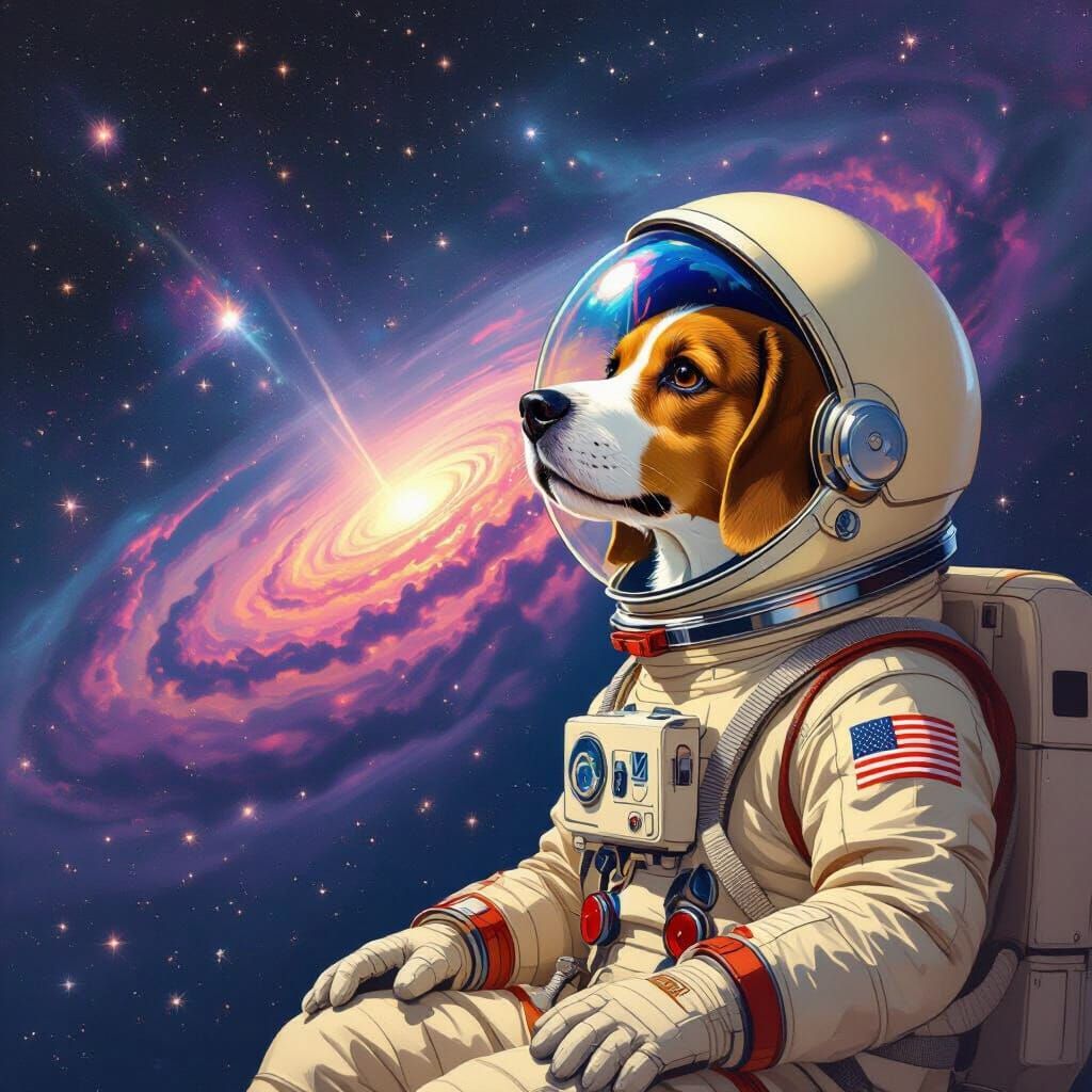Anthropomorphic Dog Astronaut Gazes at Nebula