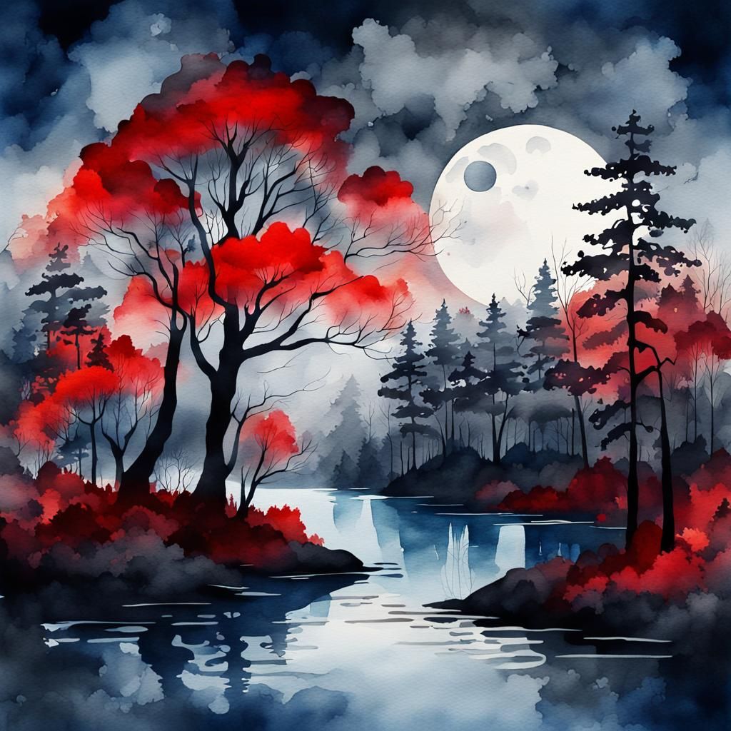 Surreal Forest Landscape in Watercolor Style