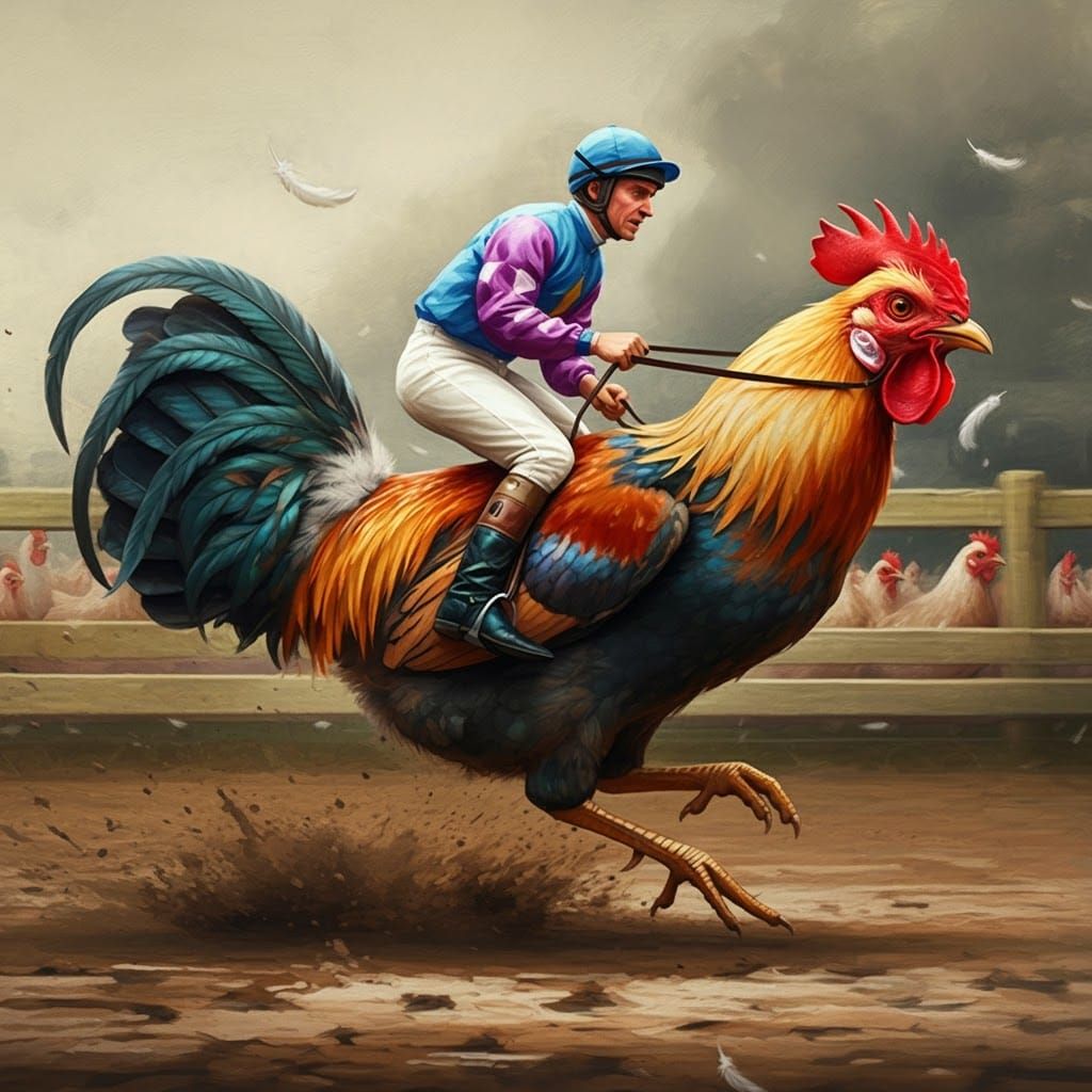 Featherless Rooster Race in Gouache Impressionist Style