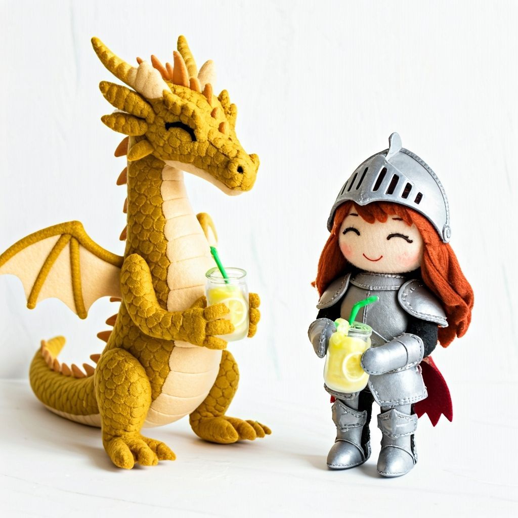 Felt Dragon and Knight Dolls Share Lemonade
