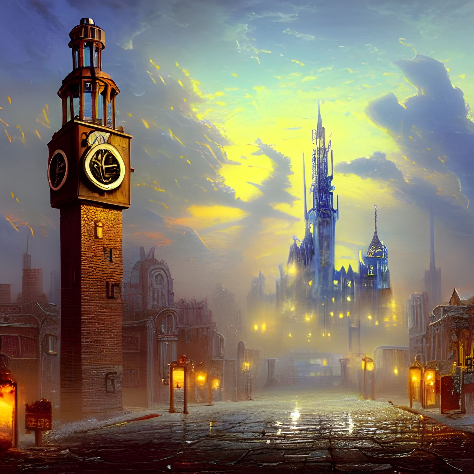 Surreal Melting Clock Tower in Post-Apocalyptic Cityscape