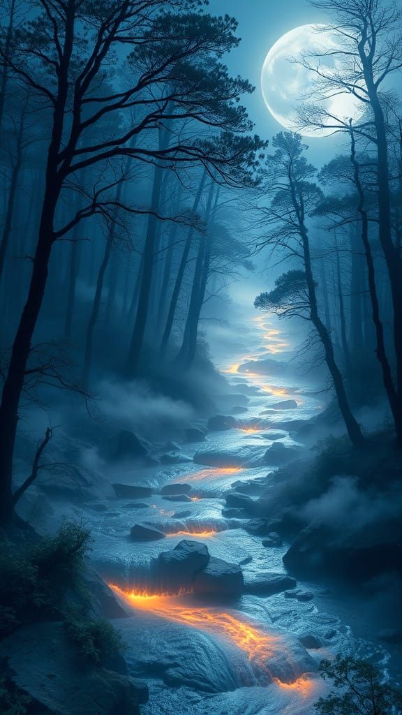 Glowing River Illuminates Mystical Forest Under Moonlight