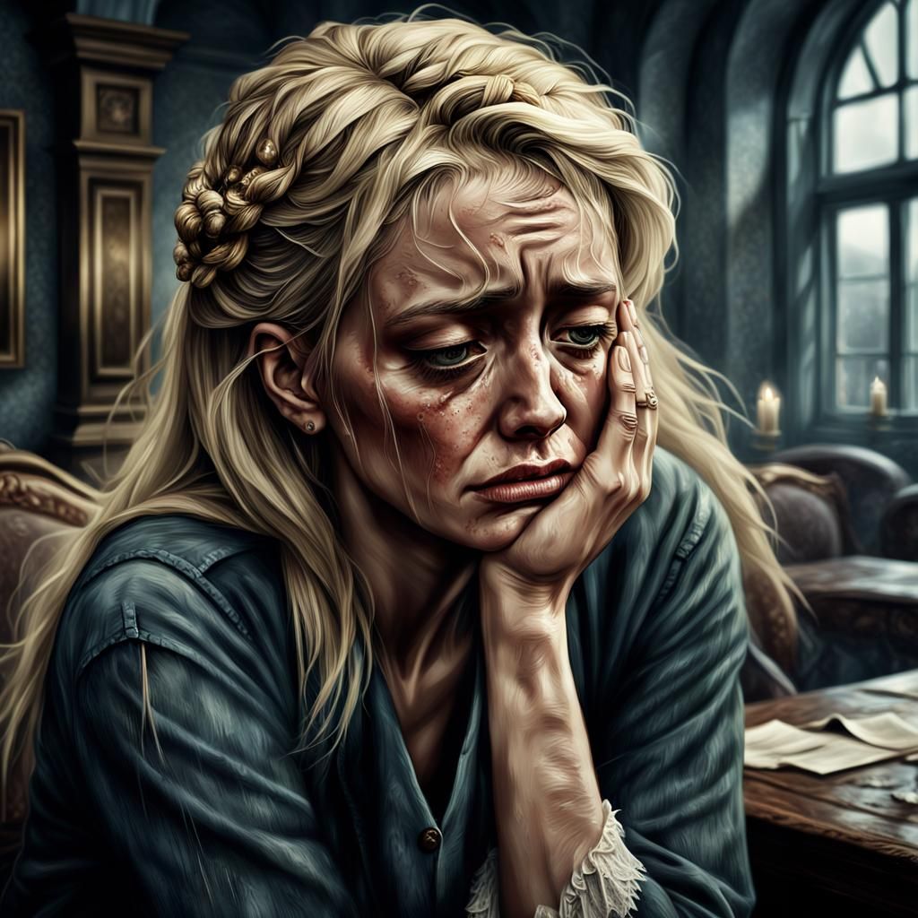 Distraught Woman Grieving Loss in Hyperrealistic Detail