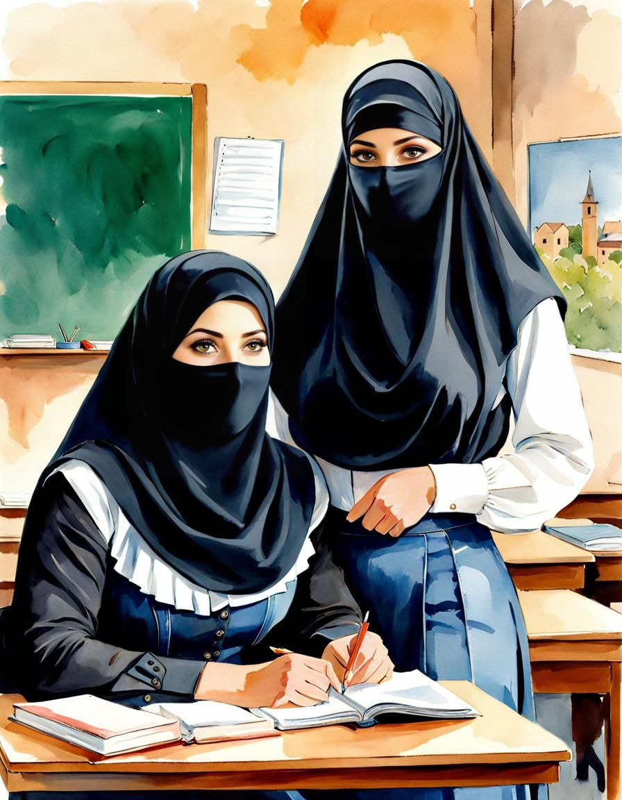 Inspiring Niqabi Teachers in a Vibrant Watercolor Style
