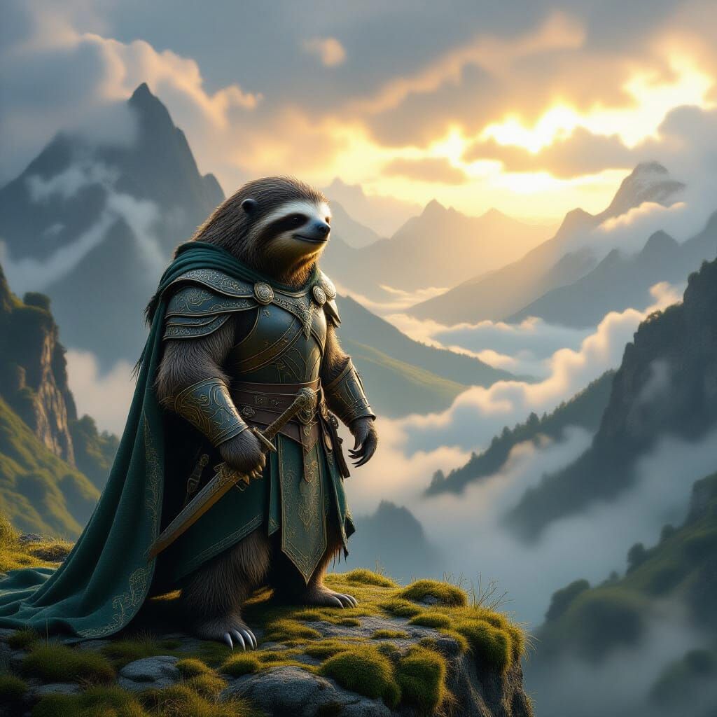 Heroic Sloth in Fantasy Armor Overlooking Middle-earth