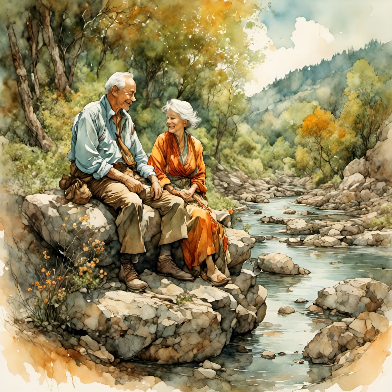 Elderly Couple at Riverbank in Warm Colors
