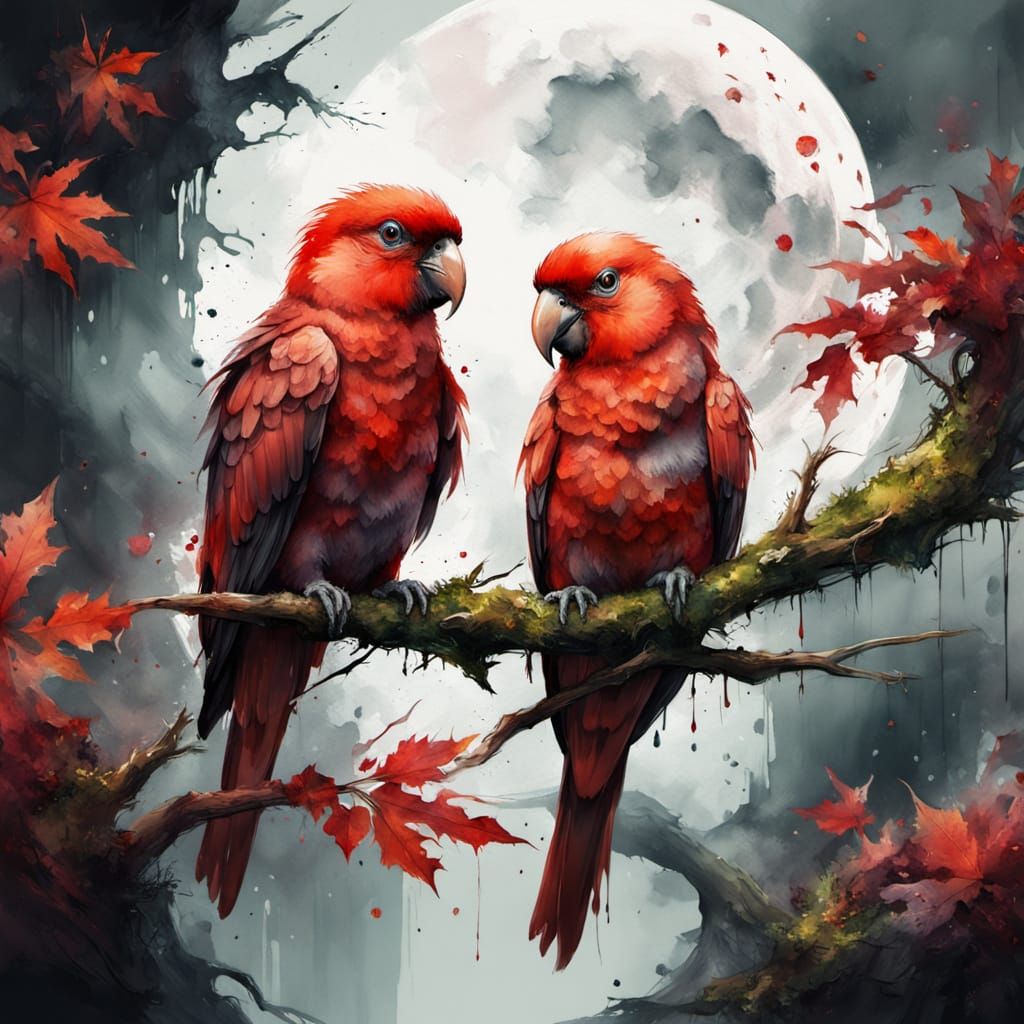 Red Lovebirds Under Red Moon, Watercolour Splash Art