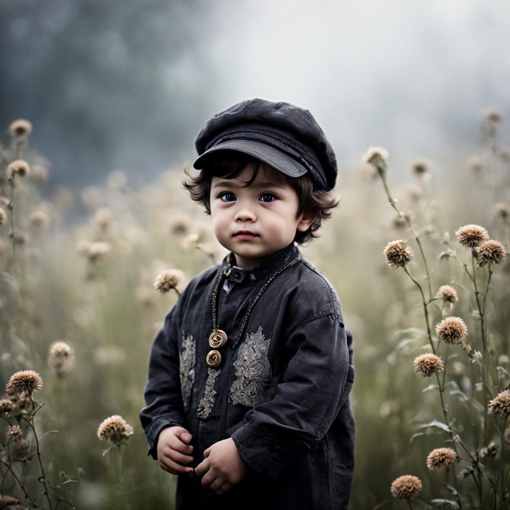 Toddler with Cap and Gothic Floral Design