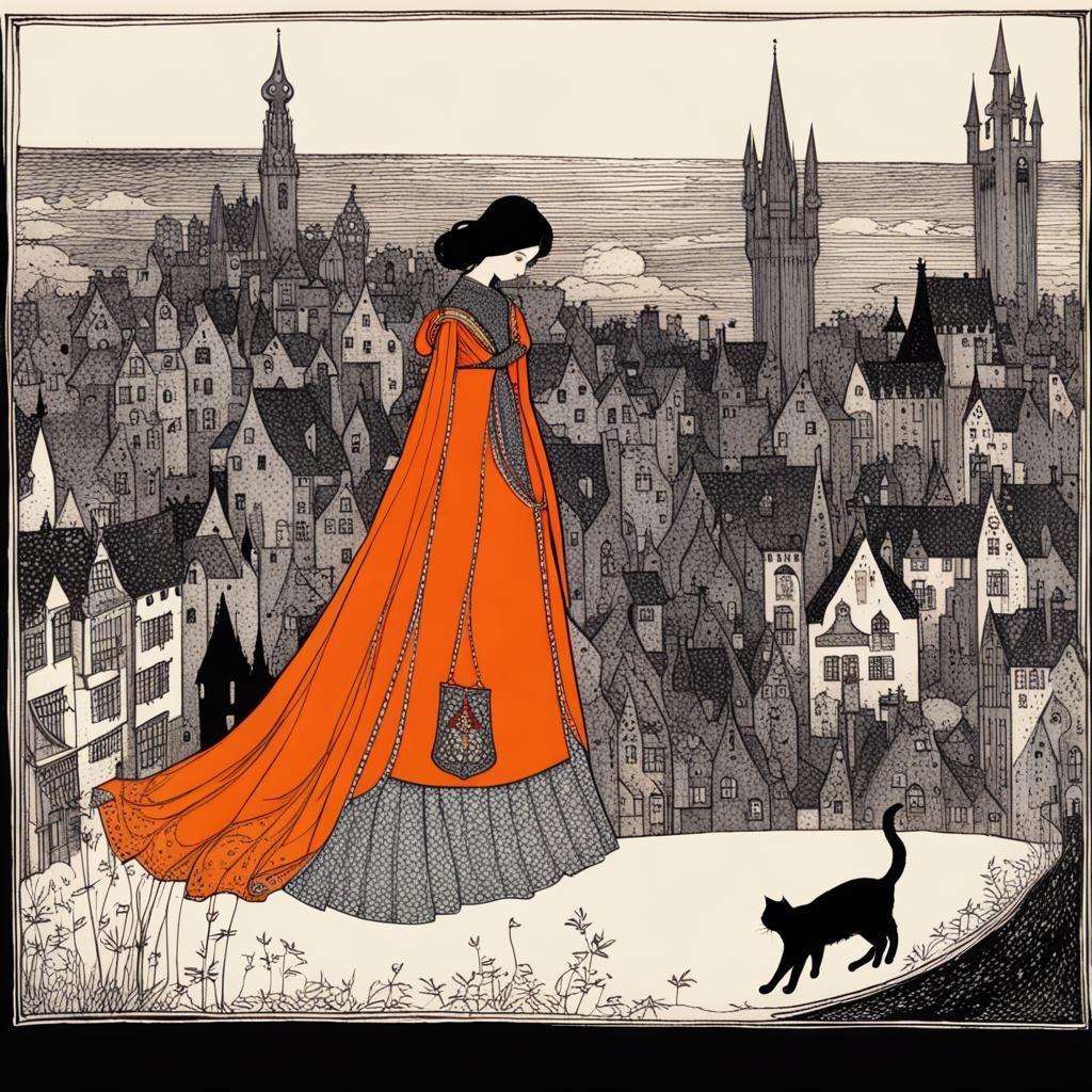 Fairytale Lady and Cat in Harry Clarke Style