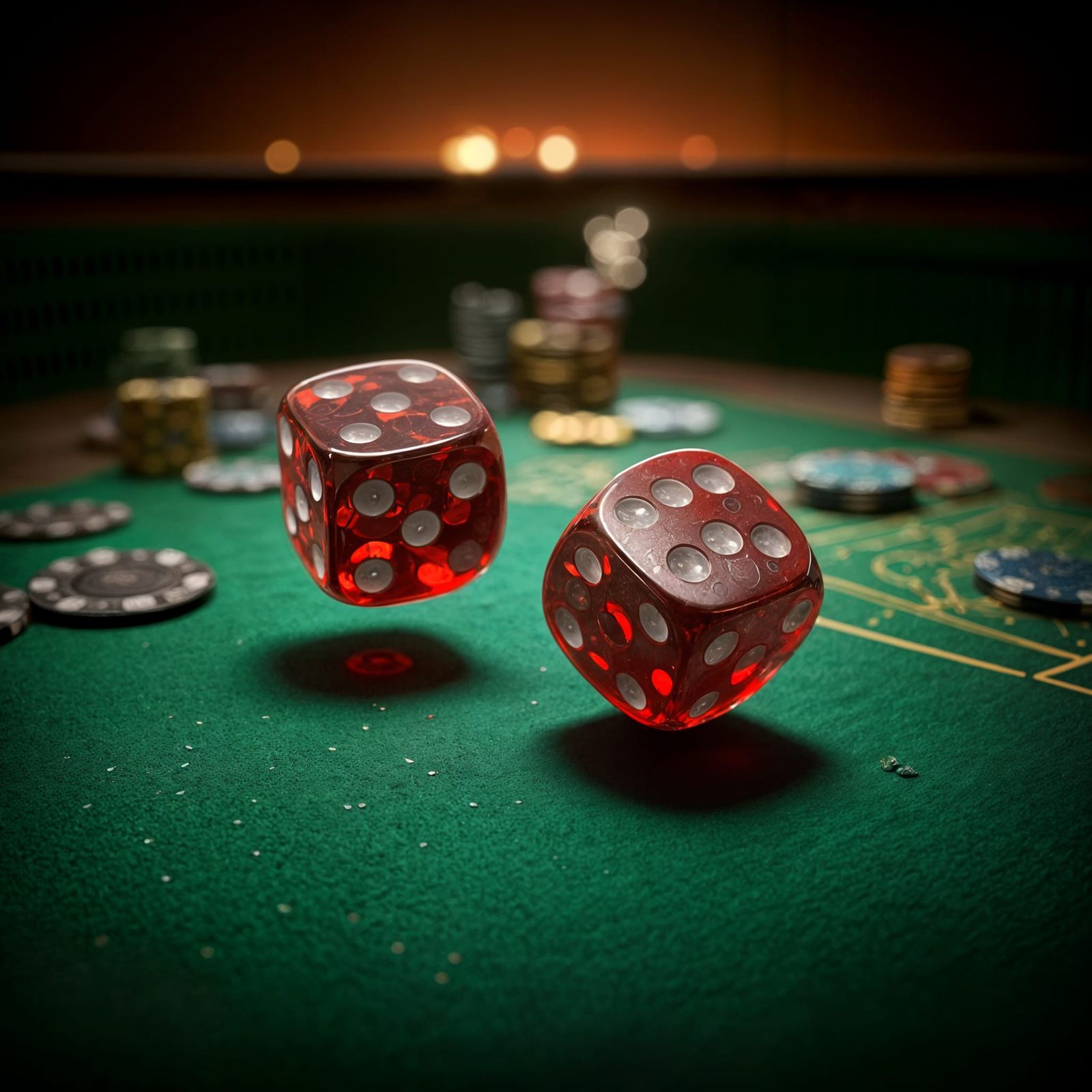 Vibrant Red Dice Roll Across a Worn Craps Table in Futuristi...