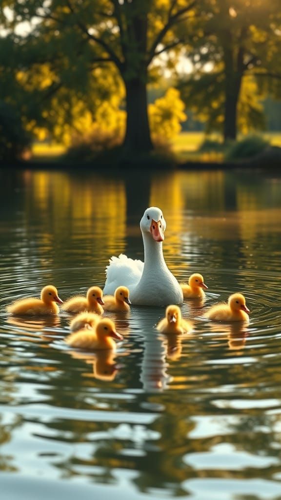 Golden Pond Ducklings in Sunlight: Cinematic Realism