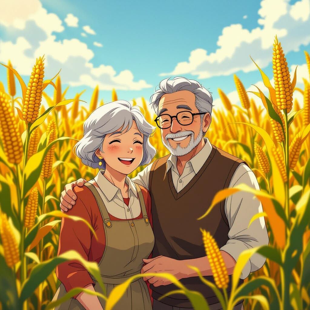 Smiling Couple in Golden Cornfield, Ghibli Anime Style