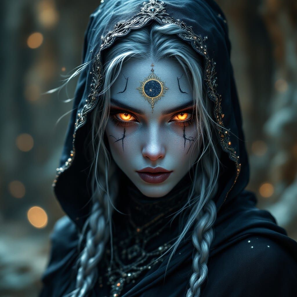 Drow Priestess with Fiery Eyes in Fantasy Art