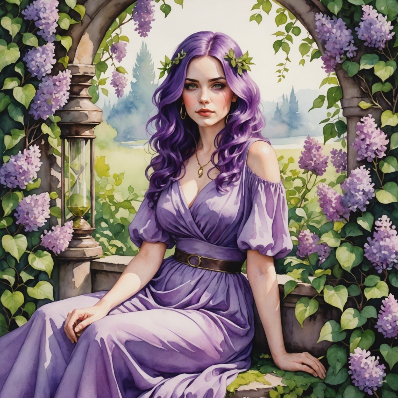 Purple Haired Woman Under Lilac Bush in Watercolor