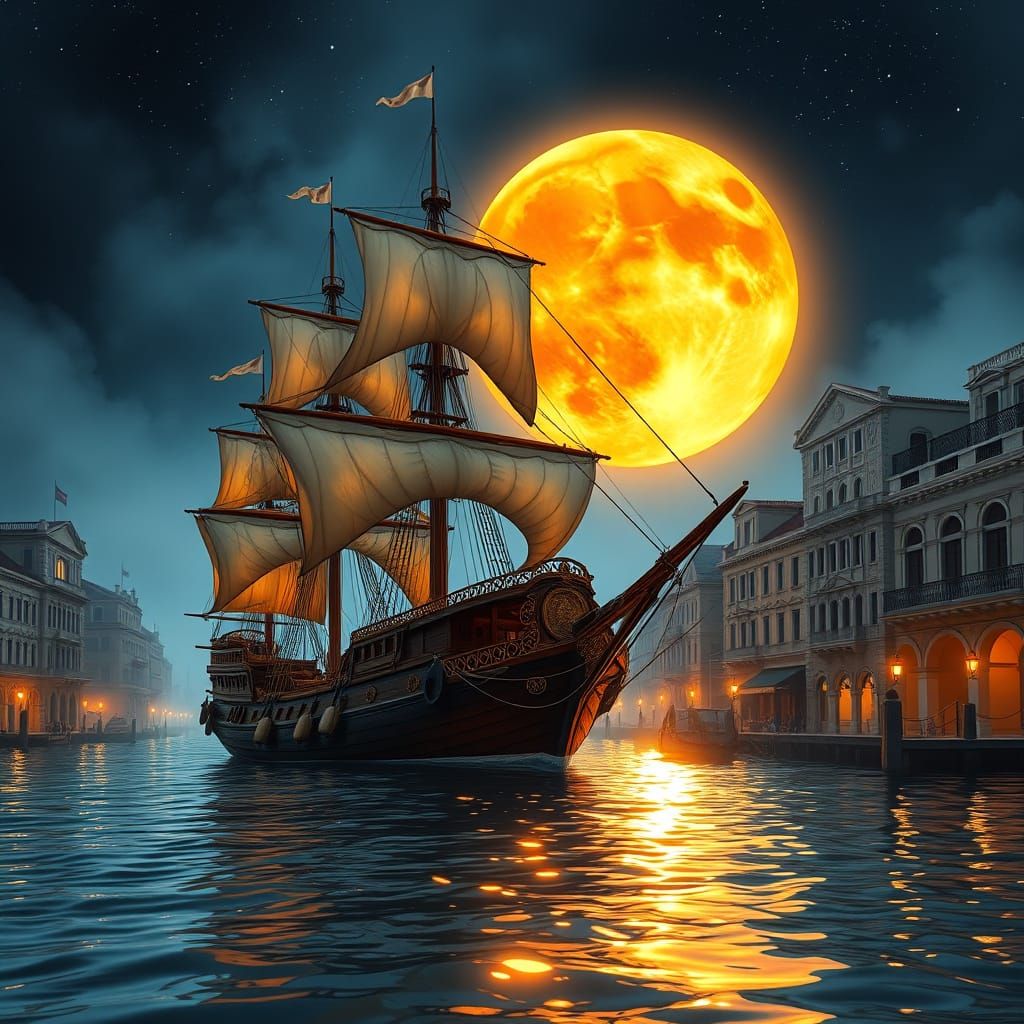 Majestic 18th-Century Sailing Ship in Moonlit Venetian Harbo...