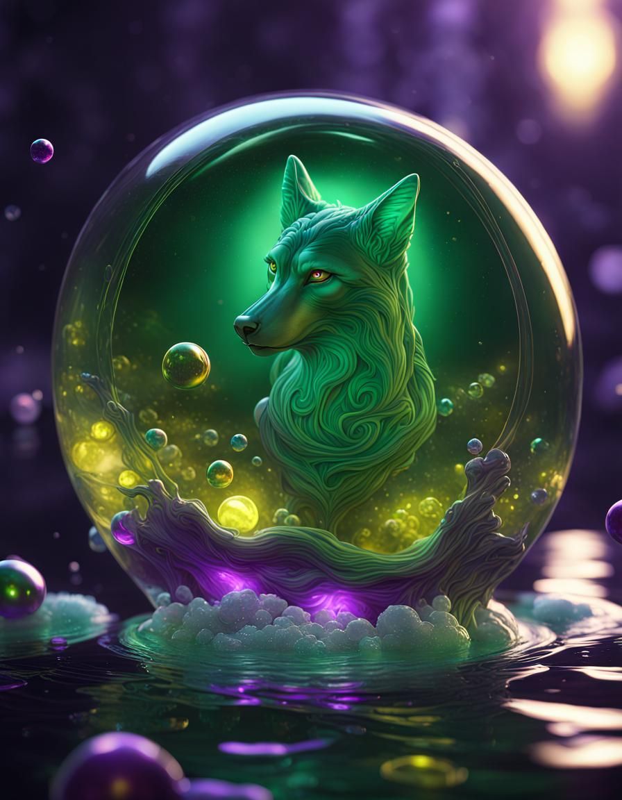 Heart Glass with Floating Wolf Orbs, Digital Art