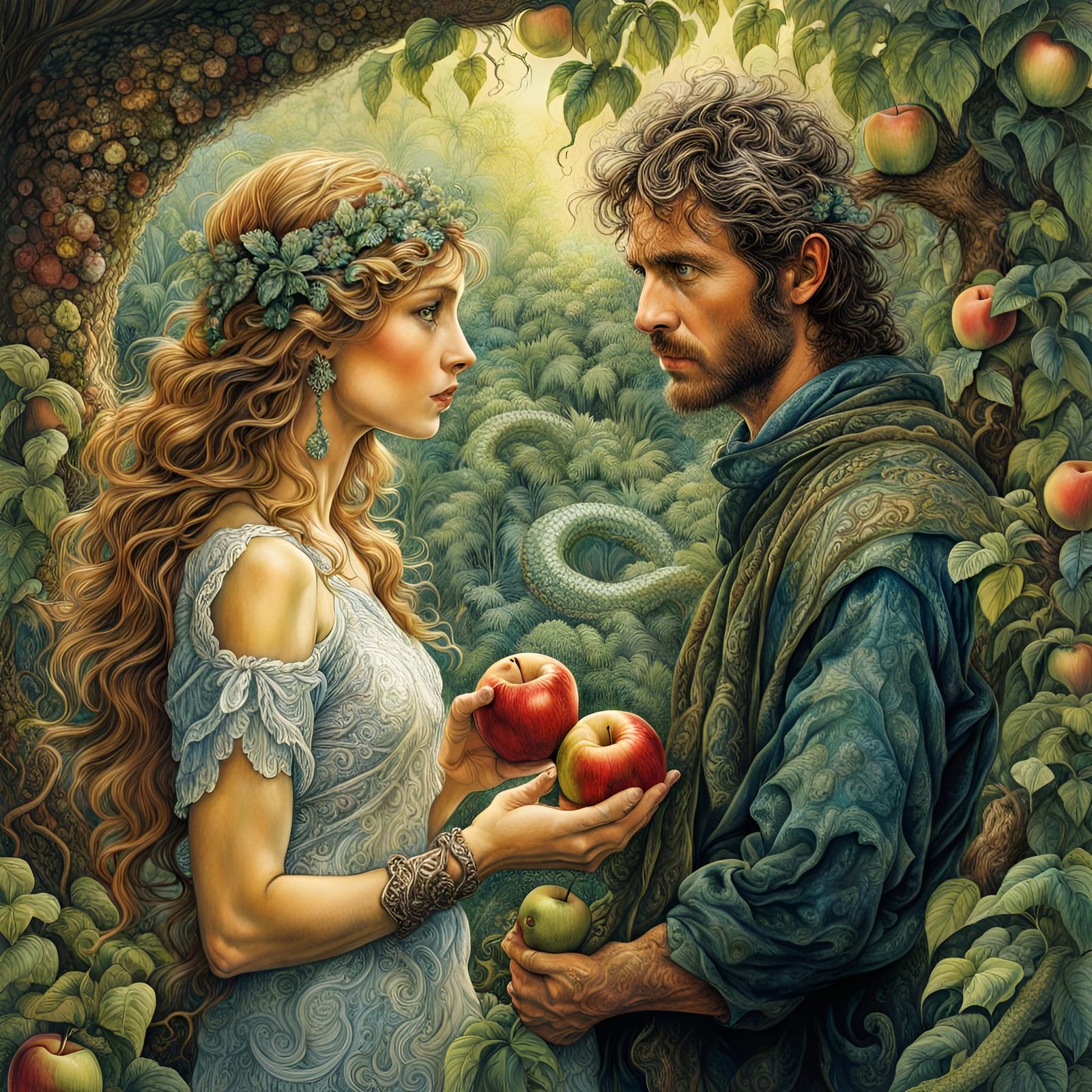 Adam and Eve in the Garden: Ink Drawing