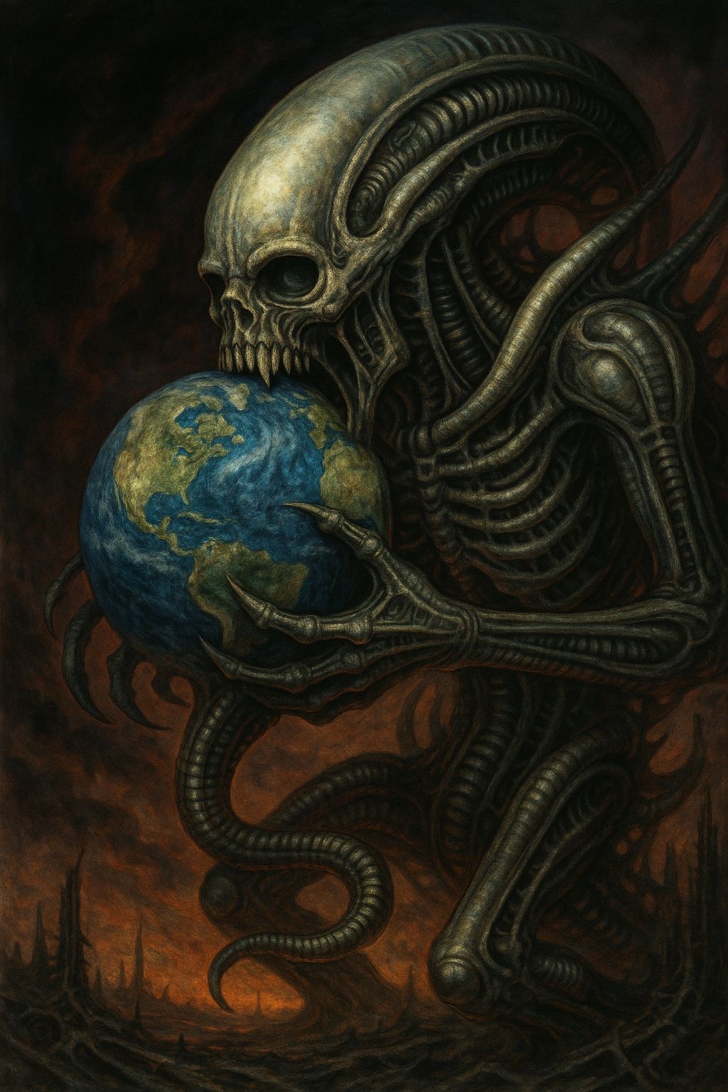 Biomechanical World Devouring Monster in Airbrush Style