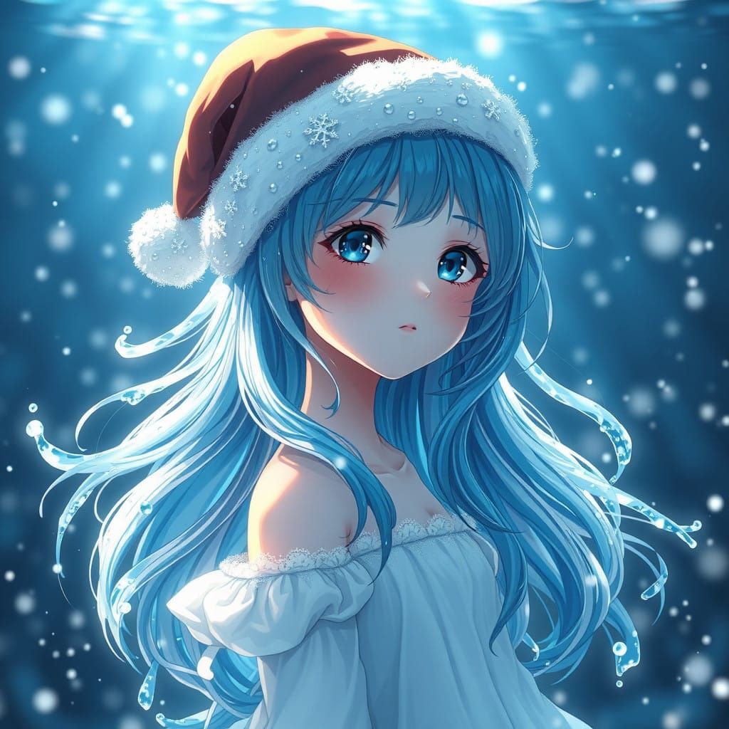 Girl in Water BLUE Hair Christmas Dress with Festive Hat in....
