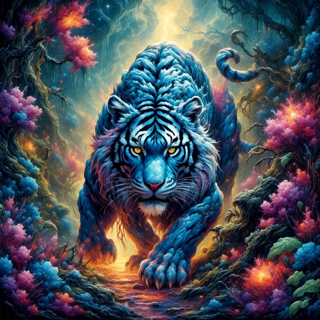 Monstrous Blue Tiger Prowls Fantasy Jungle